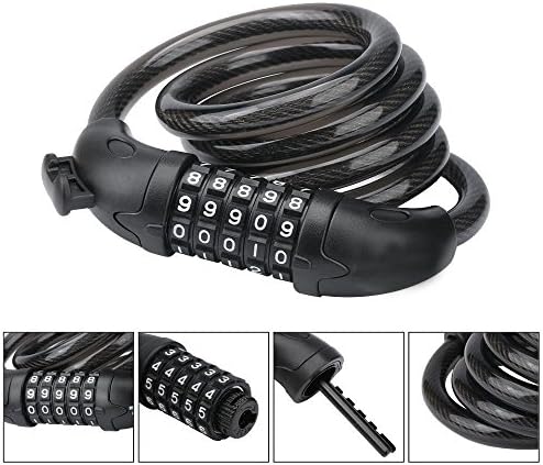 Bike Lock,Foneso 1.5M Security PVC matte /5-digits Resettable Combination Coiling Cable Lock,Black