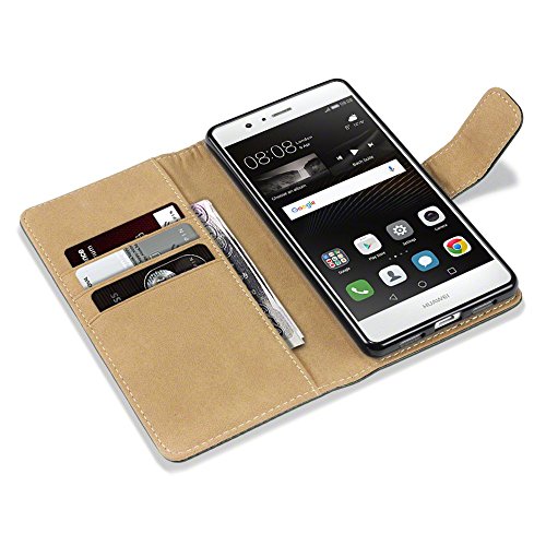 Huawei P9 Lite Funda Cartera con tapa para billetera y compartimento para dinero - Negro con el interior tostado