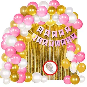 Party Propz Birthday Decoration Kit for Girls - 34Pcs Pink, White Golden Metallic Rubber Birthday balloons for Girls Decoration, Golden Foil Curtain, Pink Princess Happy Birthday Banner/Decoration Combo Set