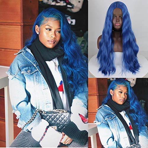 Party Queen Peluca delantera de encaje azul para mujer, larga, sintético, realista, ondulado, sin pegamento, pelucas de repuesto de pelo de 61 cm