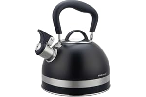 KING HOFF Kinghoff KH-1858 Bouilloire sifflante en acier inoxydable avec poignée rétractable pour toutes les plaques de cuisson, 1,8 l, noir mat