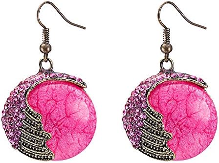 NEVI Glass Round Antique Bronze Plated Danglers Hanging Earrings For Women & Girls (Pink)