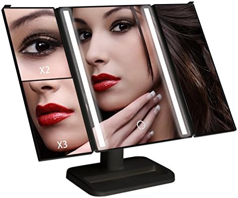 Homscam Vanity Makeup Mirror Trifold Magicfly 1X/2X/3X LED Lighted Mirror Trifold with Touch Screen, Vanity Mirror with Lights and 180° Adjustable Stand for Countertop (Black)