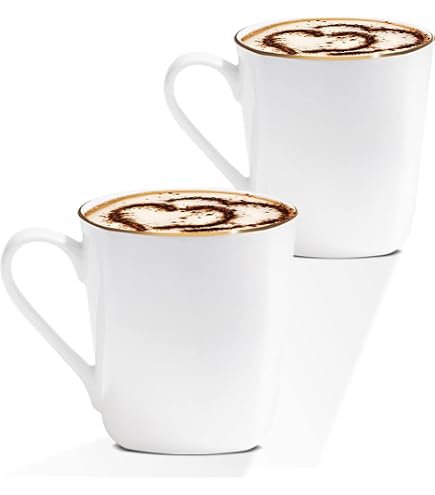 H&H Set 6 Tazas New Bone China 'Enjoy' 350 Ml - Porcelana De Hueso Apta Para Microondas Y Lavavajillas | 6 Diseños Positivos