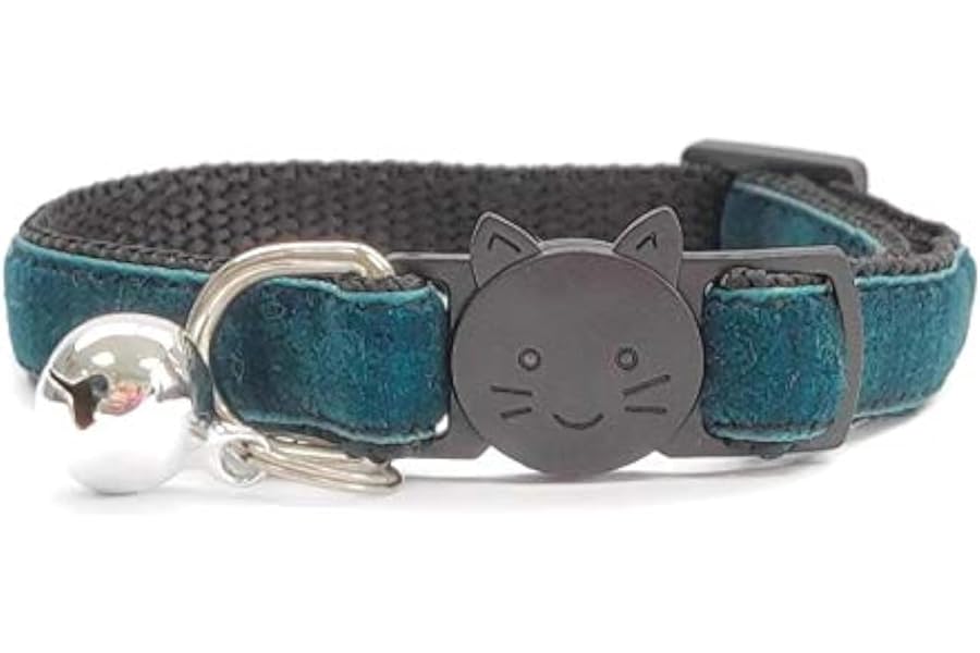 Velvet Cat Collars with Bell | Quick Safety Release Breakaway Buckle | Handmade in the UK | Available in Cat & Kitten Size | Emerald Green Velvet