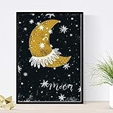 HECHO EN ESPAÑA Nacnic Lámina Luna Dorada Estilo nordico Blanco y Negro. Composiciones planetarias Infantiles Papel 250 gr tintas Tamaño A4 Sin Marco