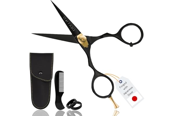ONTAKI Barbe Moustache Ciseaux Barber Peigne en acier japonais Étui de transport Coupe forgé à la main Bord biseauté Kit de poils du visage pour homme Poils du visage 5,5 pouces Noir