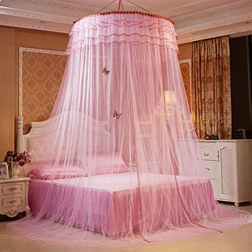 Princess Dream Butterfly Dome Mosquito Net， Round mosquito nets Luxury Princess Pastoral Lace Bed Canopy Net Crib Luminous butterfly (pink)