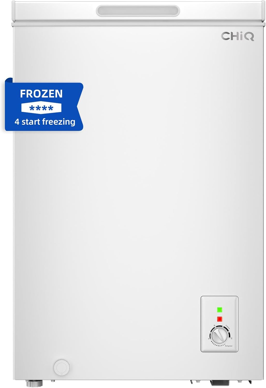 CHiQ Chest Freezer 99L, 4 Star Freezing, E, 12-Year Compressor Service, Thermostat Control, Wire-rack, Hovering Door, Low noise, For Garage, Dorm, White