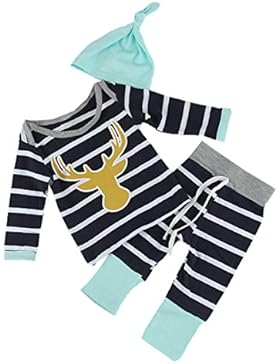 puseky Neugeborene Baby Rentier Striped Long Sleeve Shirt + Pants + Hat Outfits Sets