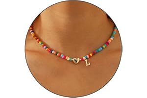MISS CHIPMUNK Bunte Perlenkette für Frauen Mädchen -Initial Halsketten bunte Perlen Charme Buchstabe Alphabet Choker Bohemian vergoldet Anhänger mit herzförmigen Metall Y2K Boho Halskette Freundin Frau