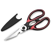 Heavy Duty Multifunction Kitchen Scissors with Safety Cover, Red | Professional Utility Scissors with Soft Grip, Sharp Stainl