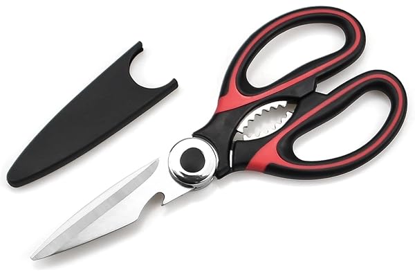 Multiusage Ciseaux Cuisine Robustes, Professionnel Acier Inoxydable Ciseaux avec Couvercle pour Poulet Poisson Légumes et BBQ, Décapsul (Rouge)