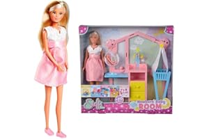 Simba 105733590 - Steffi Love Newborn Baby Room, Schwangere Puppe mit Baby im Kinderzimmer, mit Babybett, Wickeltisch, Badewa