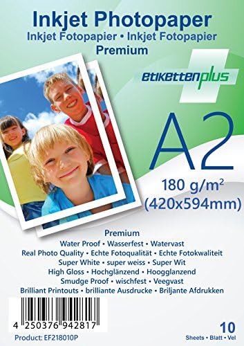 EtikettenPlus 180 gsm High Gloss Waterproof Smudge proof High Quality PREMIUM Photo paper (A2 10 Sheets)