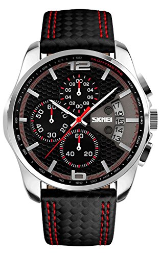 SKMEI Herren Sport Armbanduhr Leder Analog Quarz Kalender Chronograph 5ATM wasserdicht rot 9106 SKMEI Herren Sport Armbanduhr Leder Analog Quarz Kalender Chronograph 5ATM wasserdicht rot 9106