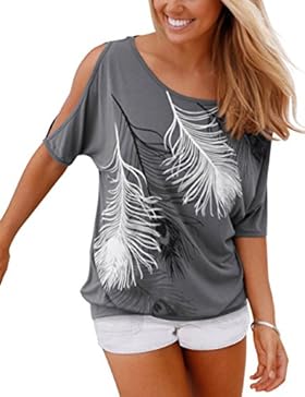Yidarton Sommer Frauen Bluse weg von der Schulter Short Sleeve Feder Druck Muster Jumper Tops Pullover T-Shirt