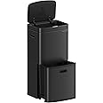 SONGMICS Kitchen Bin, 3-Compartment Rubbish Bin, 2 x 2.6 Gallons (10 L) and 7.9 Gallons (30 L), Steel, Space-Saving, Inner Buckets, Carbon Filter, 39.5 x 29.8 x 80.2 cm, Ink Black LTB551B02