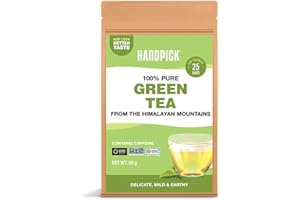 HANDPICK, Thé Vert (25 Sachets Ronds Écologiques) | Thé Vert Premium de l’Himalaya | 100% Pur, Non-OGM, Sans Gluten | Saveur Délicate et Terreuse pour Infusions Chaudes et Froides