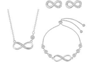 XIWCAFC Jewellery Set for Women Silver Infinity Heart Necklace Stud Earrings Bracelet Set White Gold Plated Diamond Pendant Necklaces Gift for Her Girls,Cubic Zirconia Jewelry Gifts