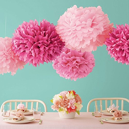 iShine 8er Set Seidenpapier PomPoms (Rote weiß Rosa Elfenbein) für Hochzeit Party Deko - 4