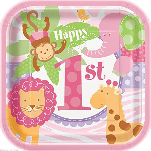 Girls 1st Birthday Party Pink Safari 9" Square Paper Plates x 8