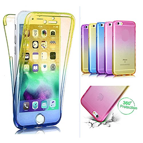 Galaxy S6 Hülle,Leeok für Samsung S6 Double Side Full Body Silikon Schutzhülle Cute Elegant Retro Kreative Gradient Gelb Blau Silikon Crystal Vorne und Hinten 360° Full Cover TPU Ultra dünn Case Vorne Hinten Beidseitiger Schutz Full Handytasche Durchsichtig Transparent Front Back Doppelseitig Touchscreen TPU Silikon Dünne Komplette Schale Bumper Case Cover für Samsung Galaxy S6 + 1 x Schwarze Eingabestift-Yellow Blue