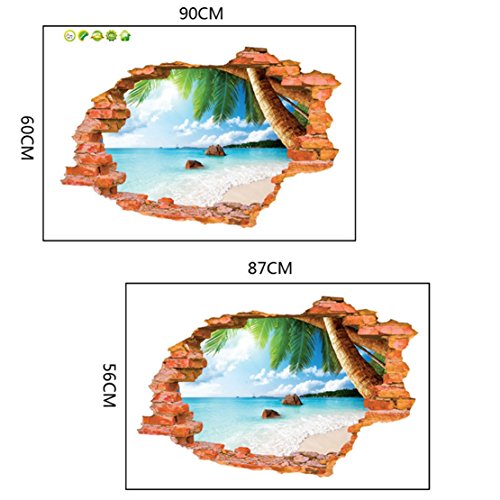 AUVS 3D- Selbstklebende Abnehmbaren Durchbrechen Die Mauer Vinyl Wandsticker / Wandgemälde Kunst Aufkleber Dekorateur (8001F Kokosnuss Meeresstrand (60*90cm)) - 2