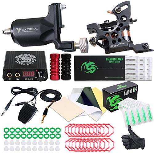 Dragonhawk Extreme Tattoo Kit 2 Pro Tattoo Machines Rotary Machine Coil Gun Power Supply Disposable Needles Tip Foot Pedal Euymx10 2
