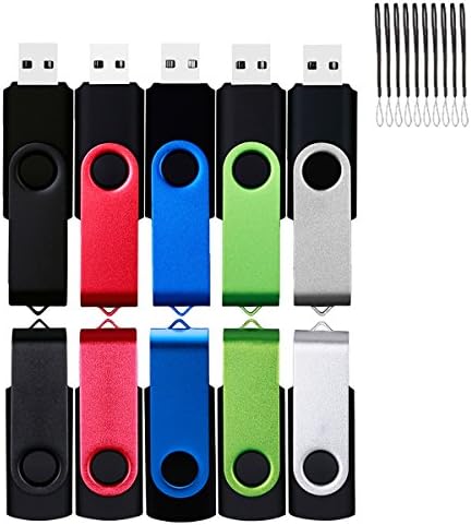 2GB 10pcs USB Memory Stick by HOFOUND Flash Drives USB 2.0 Swivel Metal with Lanyards (Metal Black,Red,Blue,Green,Silver)
