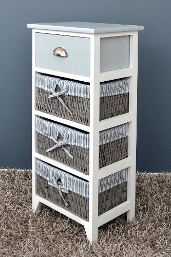 Landhaus Kommode Schrank Bad Regal in grau weiss mit einer Schublade und drei Körbe mit einem Stoffbezug in Blau - 6