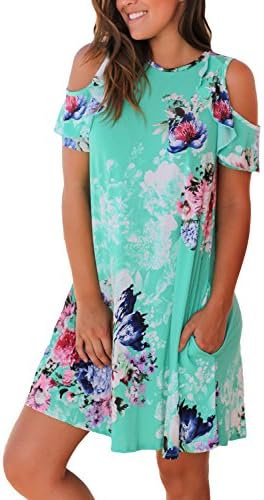 Annflat Women's Summer Ruffled Cold Shoulder Short Sleeve Flowers Print Mini Dress XX-Large Green