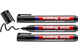 edding 300 marcador permanente - negro - 3 rotuladores- punta redonda 1,5-3 mm - resistente al agua, de secado rápido, rotuladores indelebles - para cartón, plástico, vidrio, madera, metal
