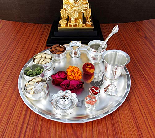 GoldGiftIdeas 12 Inch Sarovar Silver Plated Pooja Thali Set, Occasional Gift, Pooja Thali Decorative, Wedding Gift