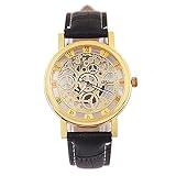 Ruiying Herren Jungen Hohl Mechanische Automatik Armbanduhr Skelett Automatikuhr Uhr schwarz PU-leder Band (Gold+Schwarz)