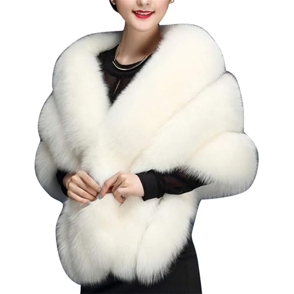 Châle Femme Fausse Fourrure Blanc Perles - Étole Cape Mariée Hiver, Coton, Taille Unique 105x30 Cm