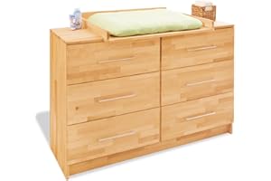 PINOLINO Commode à Langer 'Natura' Extra Large; Massif : L 140 x P 78 ou 54 x H 101, Hauteur à Langer 93, Plan à Langer Amovible, 6 tiroirs, Self-Soft-Close, Plan à Langer, pour Bébé