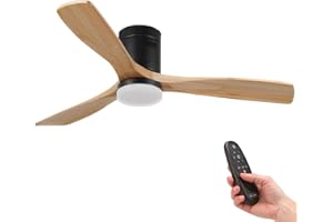 M mimotec- Ventilatore a Soffitto Led Energy 58W Nero, telecomando, motore DC 40W+Luce Led 18W, 6 velocità, Silenzioso,3 Pale in legno naturale, 132 cm, funzione estate-inverno, timer