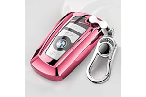RYE Tpu Silicone Full Protective Car Key Fob Cover for BMW，3 Buttons Remote Control Smart Key Case with Leather Keychain, Compatible with BMW 1/3/4/5/6/7 Series and X3/X4/M5/M6/GT3/GT5,etc.-Pink