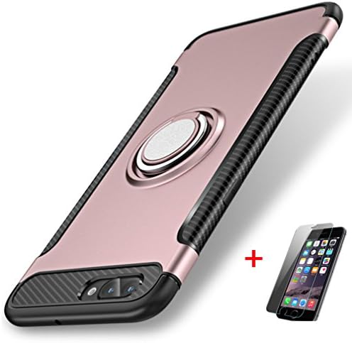 iPhone 8 case, iPhone 7 case, Hard PC + Carbon Fiber Hybrid Back Cover Skin For apple iPhone 8 iphone 7, with Ring Holder, and HD Tempered Glass Screen Protector(pink for iphone 7/8)