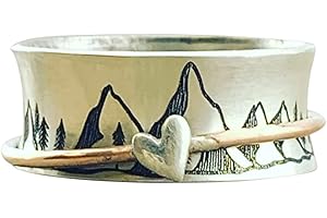 jagosen Fidget Rings for Anxiety Women Silver Vintage Butterfly/Keep Climbing Mountains Pattern Love Heart Rotatable Band Release Anxiety Stress with Package Box Flannel Bag