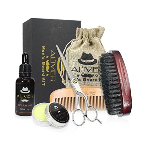 Covermason Kit 5 pcs Beauté,Liquide à Barbe Pour Homme+Cire à Barbe + Peigne + Brosse+Ciseaux Force Nourrir Combinaison Cadeau idéal pour hommes