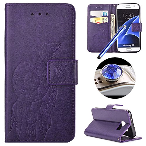 Etsue Leder Schutzhülle für Samsung Galaxy S7 Schmetterling PU Leder Tasche Case Hülle, Retro Vintage Dreamcatcher Campanula Prägung Ledertasche Butterfly Flip Case Wallet Brieftasche im Bookstyle Handytasche mit Standfunktion Karteneinschub und Magnetverschluß für Samsung Galaxy S7 + 1x Glitzer Staub Stecker + 1x Blau Eingabestift-Traumfänger Schmetterling,lila
