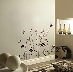 Decals Design Plants with Butterflies Wall Sticker (PVC Vinyl, 70 cm x 50 cm, Brown)