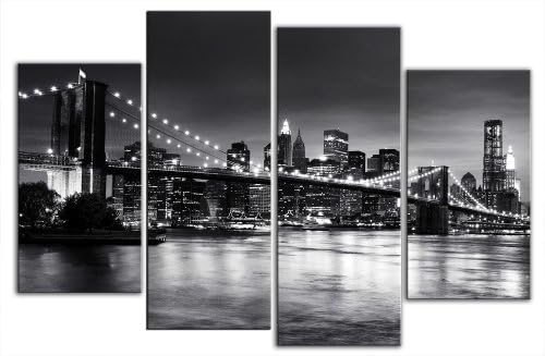Large New York Brooklyn Bridge Black and white Canvas artwork 4 pieces multi panel split canvas completely ready to hang hanging cord attached, hanging template included hand made printed to order UK company 38” width 28” height