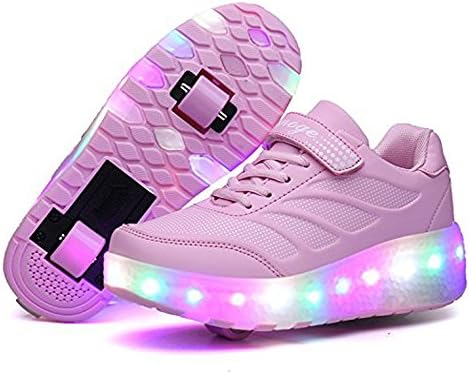 Tbbuy Unisex Kids LED Light Roller Skates Shoes Adjustable Skates Rollerblades Inline Skates Single Wheel Trainers Double Sport Shoes (28 EU, Pink With Double wheels)