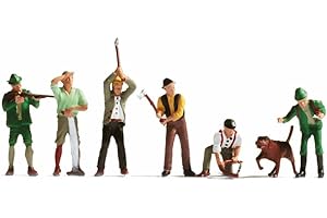 NOCH Jäger & Holzfäller H0 Figuren-Set – 7 handbemalte Miniaturfiguren mit Hund für Modelleisenbahn, Diorama & Modellbau, realistische Details, Spur H0 1:87, Kunststoff (15060)