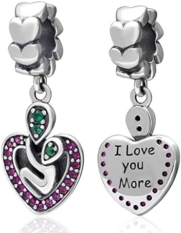 I Love You More Heart Charm Dangle with Purple and Green Zircon Stones 925 Sterling Silver Feburary Birthstone Bead Fits European Charm Style Bracelets