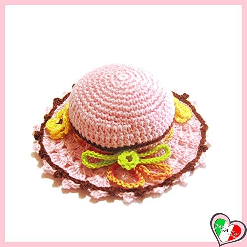 Pink and Brown crochet hat pincushion with Yellow flowers in cotton - size ø 4.5 inch - Handmade - ITALY