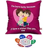 Indigifts Micro Sati and Fibre Lucky To Have You Sis Printed Micro Satin Cushion Cover with Fibre Filler (Magenta, 12x12-inch)